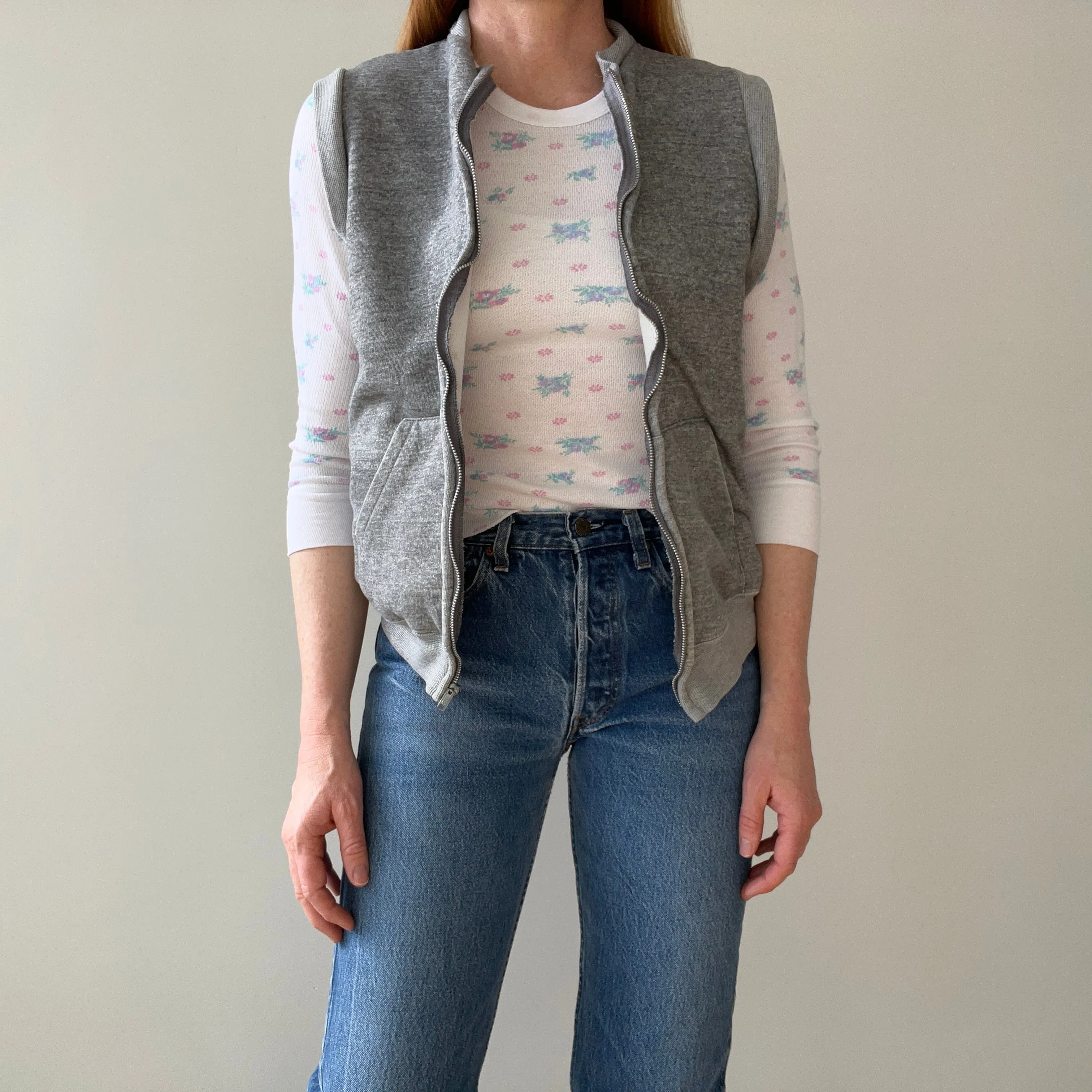 1980s Gray Insulated Sweatshirt Vest - Zip Up