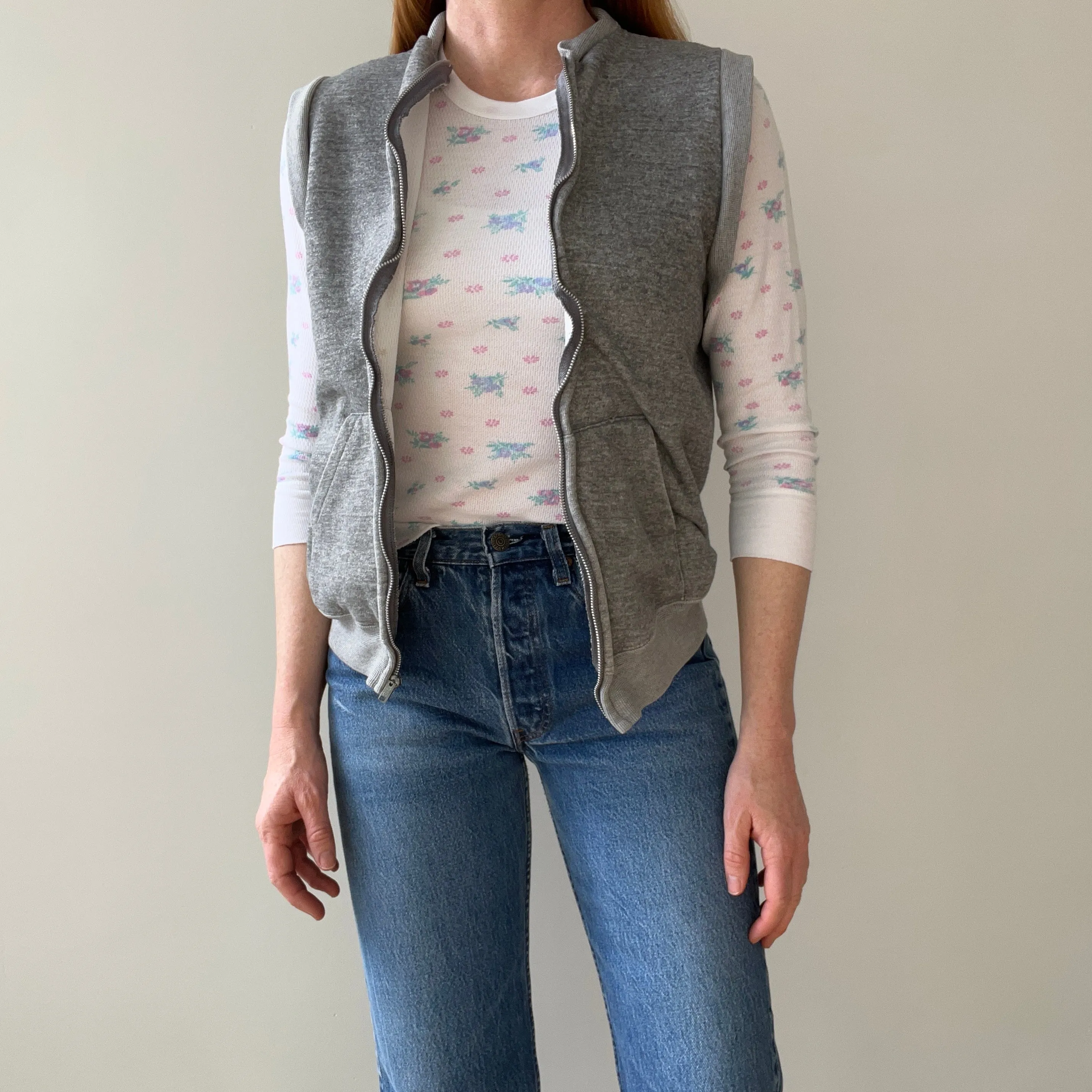 1980s Gray Insulated Sweatshirt Vest - Zip Up