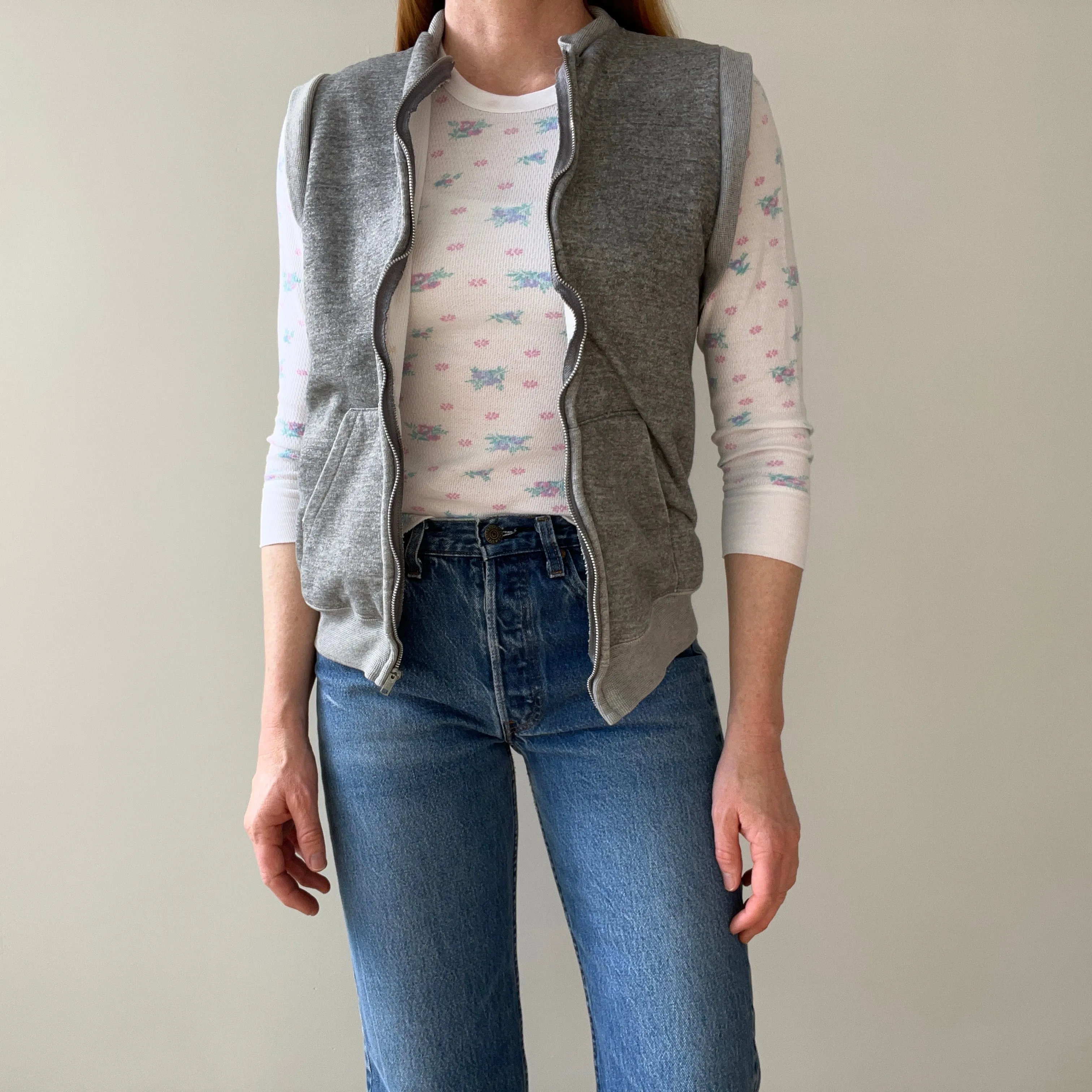 1980s Gray Insulated Sweatshirt Vest - Zip Up