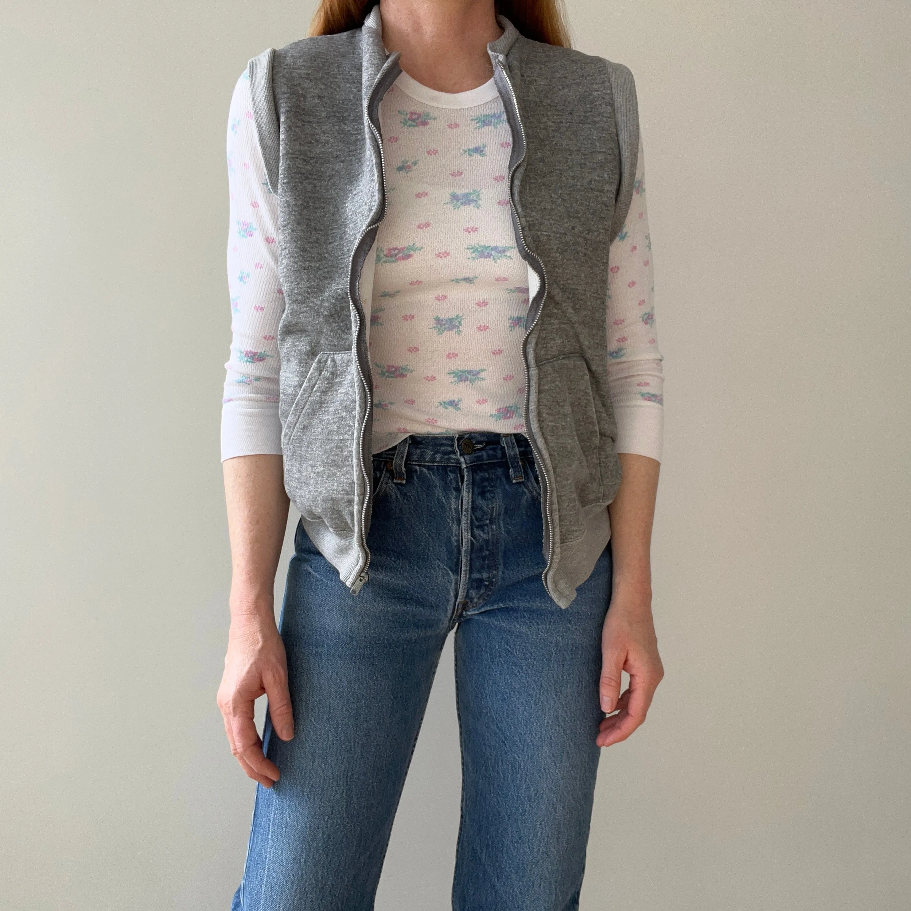 1980s Gray Insulated Sweatshirt Vest - Zip Up