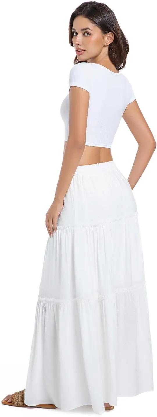 2025 Summer Long Maxi Skirt for Women Casual Elastic Waist A-Line Boho Beach Long Skirts