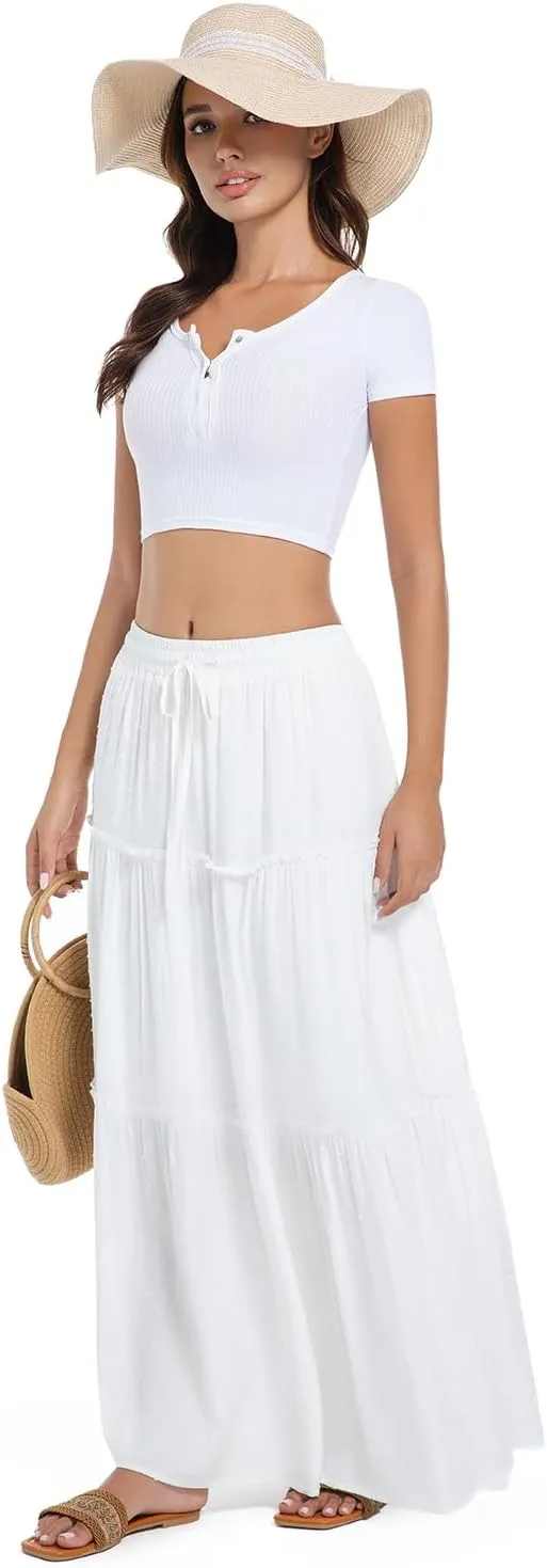 2025 Summer Long Maxi Skirt for Women Casual Elastic Waist A-Line Boho Beach Long Skirts