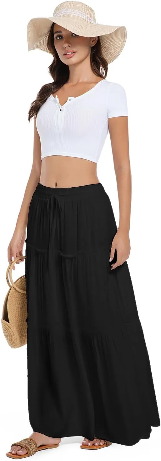 2025 Summer Long Maxi Skirt for Women Casual Elastic Waist A-Line Boho Beach Long Skirts