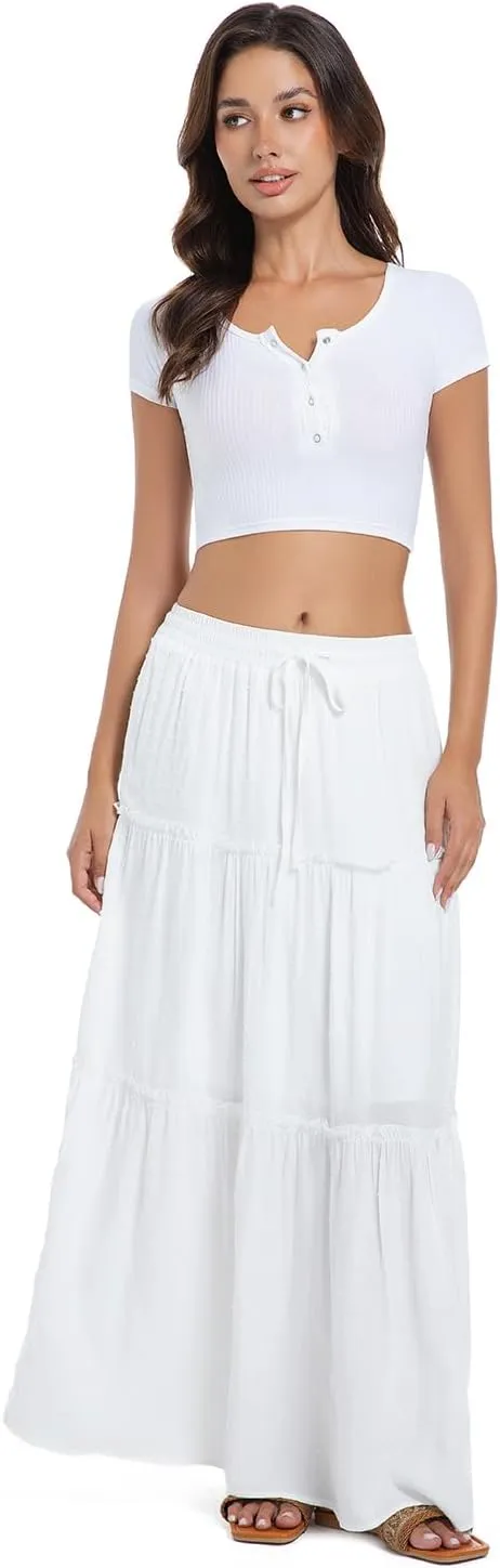 2025 Summer Long Maxi Skirt for Women Casual Elastic Waist A-Line Boho Beach Long Skirts