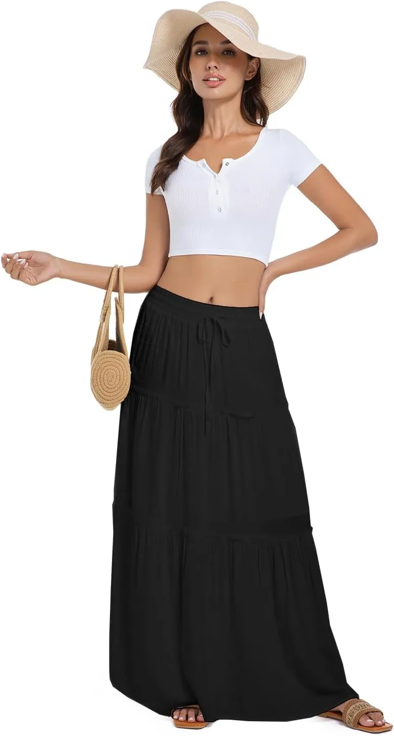 2025 Summer Long Maxi Skirt for Women Casual Elastic Waist A-Line Boho Beach Long Skirts