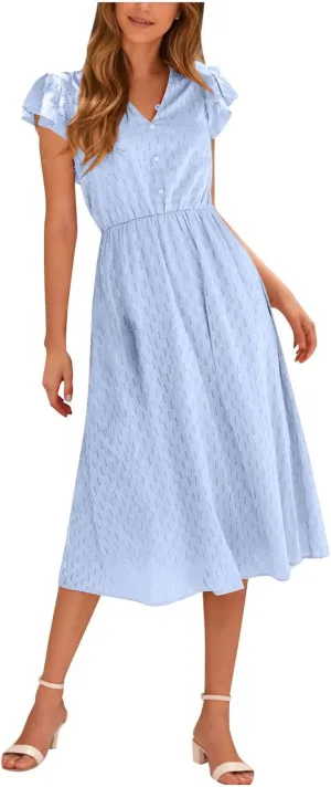 2025 Women's Summer Midi Dress Ruffle Cap Sleeve V-Neck Casual A Line Dress Beach Party Vacation Lace Sun Dresses