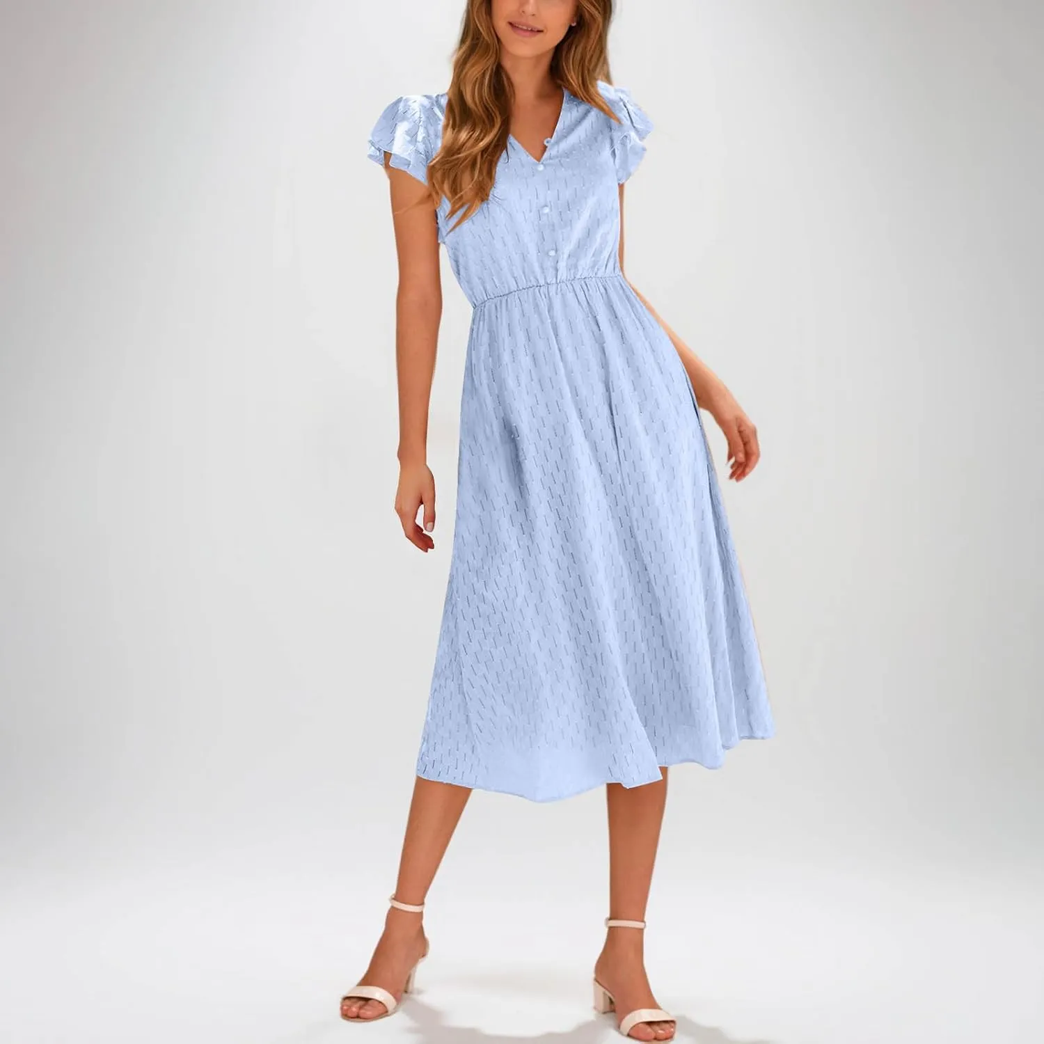 2025 Women's Summer Midi Dress Ruffle Cap Sleeve V-Neck Casual A Line Dress Beach Party Vacation Lace Sun Dresses