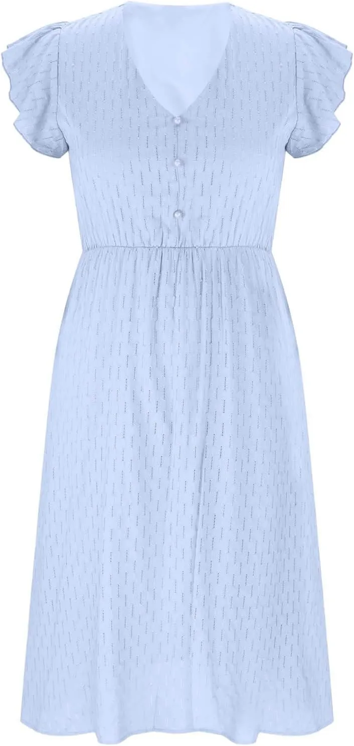 2025 Women's Summer Midi Dress Ruffle Cap Sleeve V-Neck Casual A Line Dress Beach Party Vacation Lace Sun Dresses
