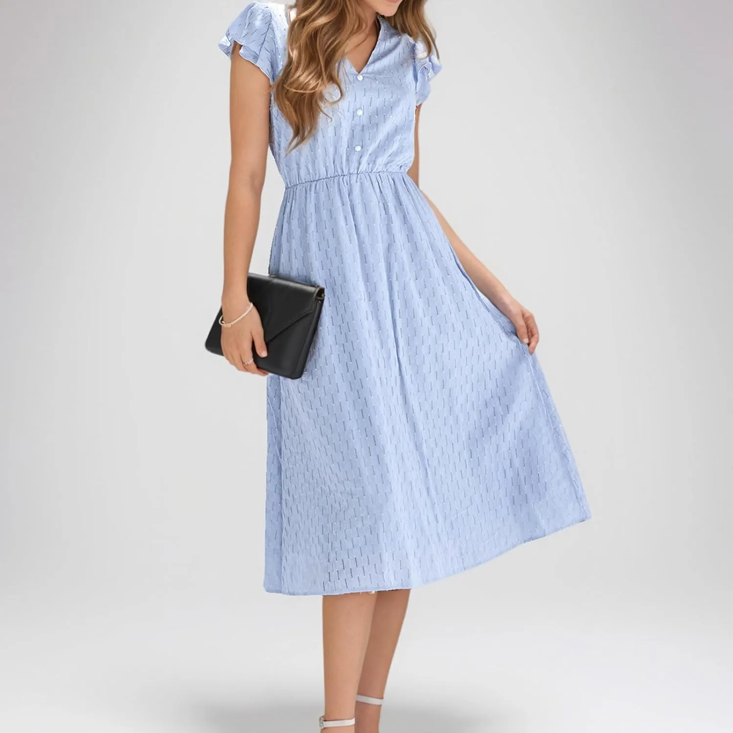 2025 Women's Summer Midi Dress Ruffle Cap Sleeve V-Neck Casual A Line Dress Beach Party Vacation Lace Sun Dresses