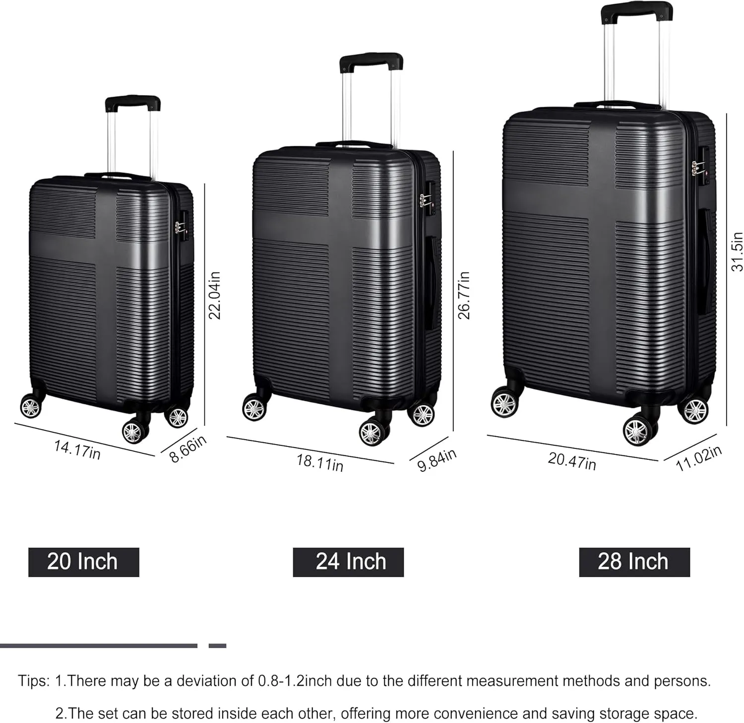 3 Piece Luggage Set with TSA Lock ABS, Durable Hard Shell Luggage Set, Lightweight Suitcase with Hooks, Spinner Wheels Cross Stripe Luggage Sets 20in/24in/28in,Black