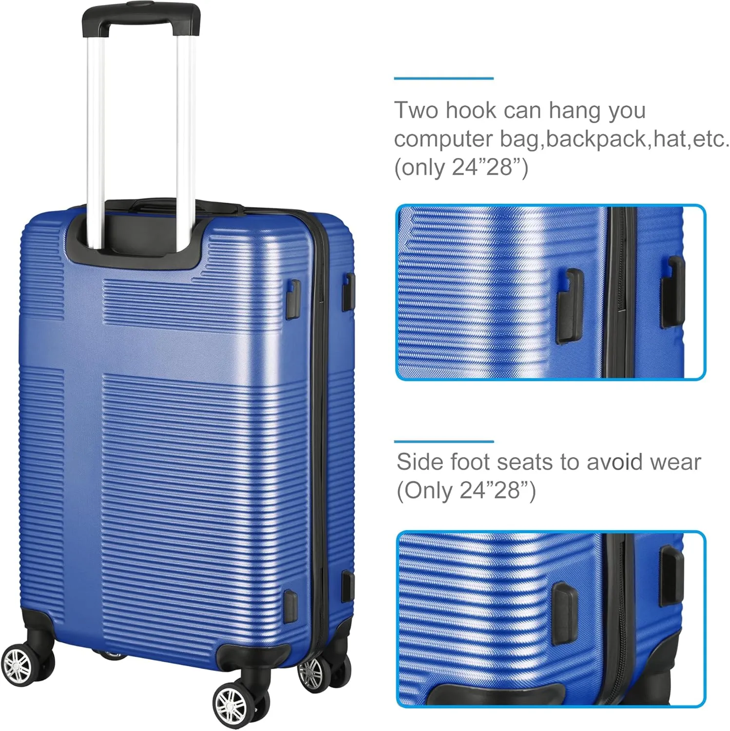 3 Piece Luggage Set with TSA Lock ABS, Durable Hard Shell Luggage Set, Lightweight Suitcase with Hooks, Spinner Wheels Cross Stripe Luggage Sets 20in/24in/28in,Blue