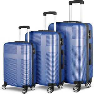 3 Piece Luggage Set with TSA Lock ABS, Durable Hard Shell Luggage Set, Lightweight Suitcase with Hooks, Spinner Wheels Cross Stripe Luggage Sets 20in/24in/28in,Blue