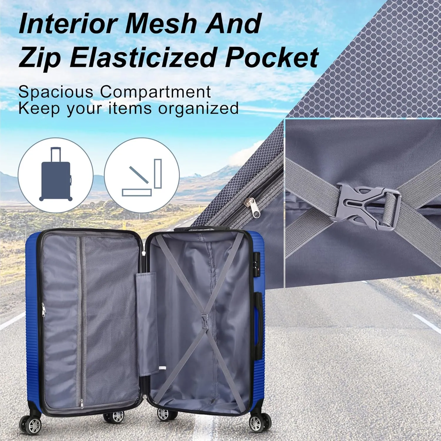 3 Piece Luggage Set with TSA Lock ABS, Durable Hard Shell Luggage Set, Lightweight Suitcase with Hooks, Spinner Wheels Cross Stripe Luggage Sets 20in/24in/28in,Blue