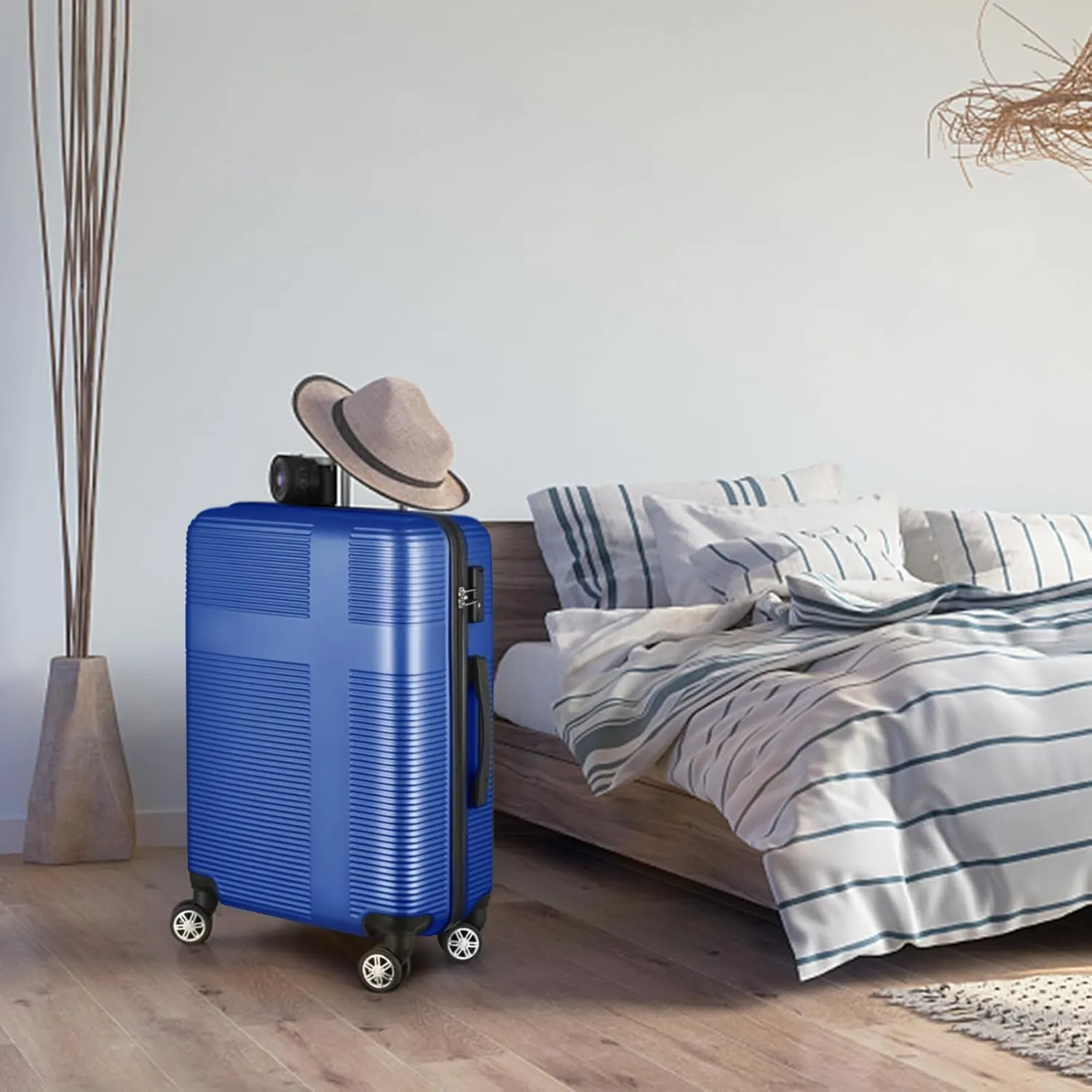 3 Piece Luggage Set with TSA Lock ABS, Durable Hard Shell Luggage Set, Lightweight Suitcase with Hooks, Spinner Wheels Cross Stripe Luggage Sets 20in/24in/28in,Blue