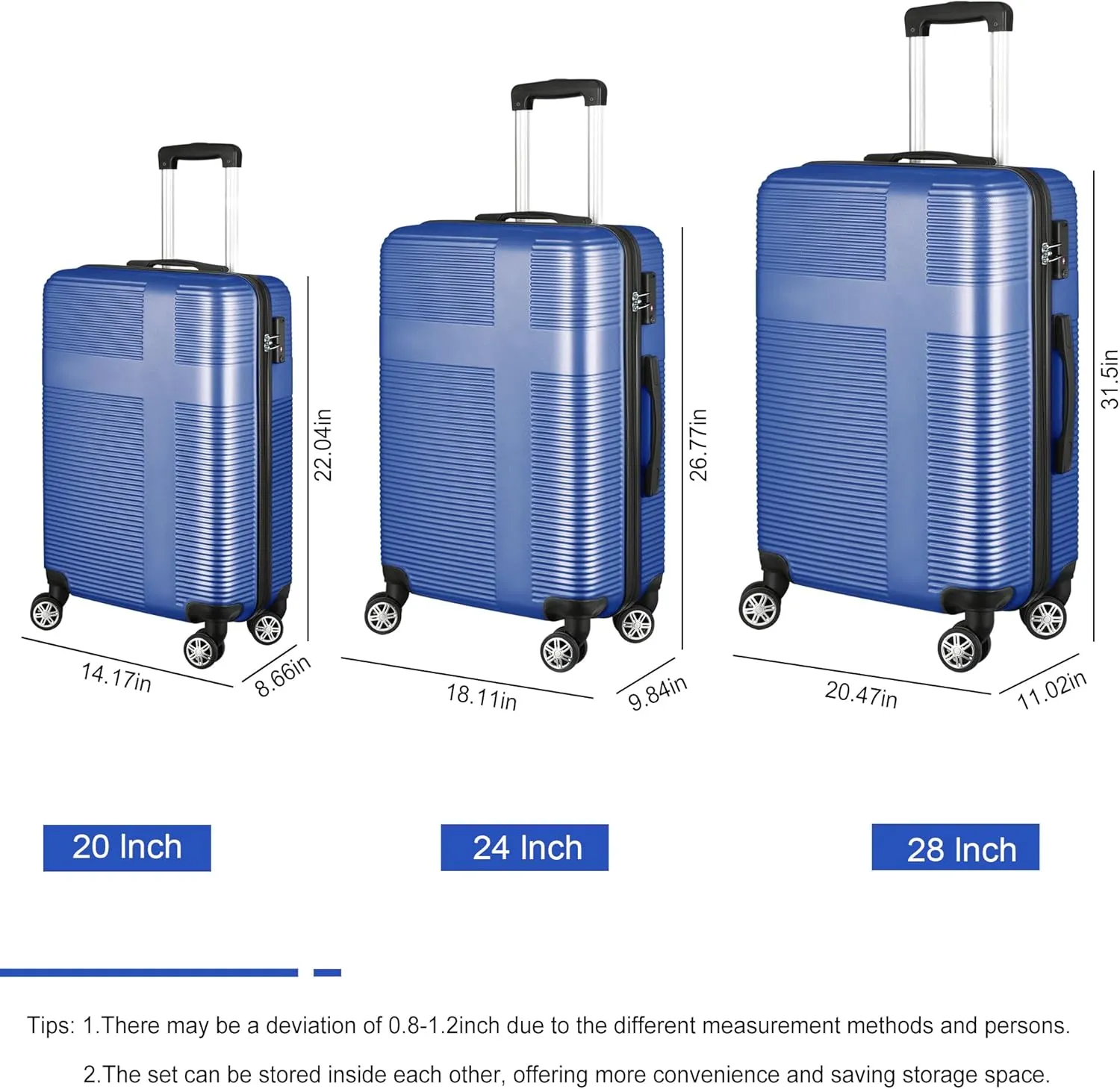 3 Piece Luggage Set with TSA Lock ABS, Durable Hard Shell Luggage Set, Lightweight Suitcase with Hooks, Spinner Wheels Cross Stripe Luggage Sets 20in/24in/28in,Blue