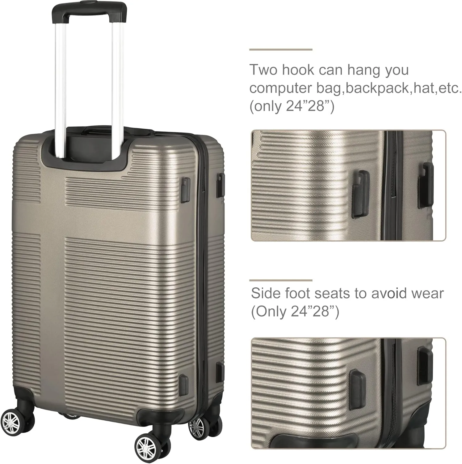 3 Piece Luggage Set with TSA Lock ABS, Durable Hard Shell Luggage Set, Lightweight Suitcase with Hooks, Spinner Wheels Cross Stripe Luggage Sets 20in/24in/28in,Champagne