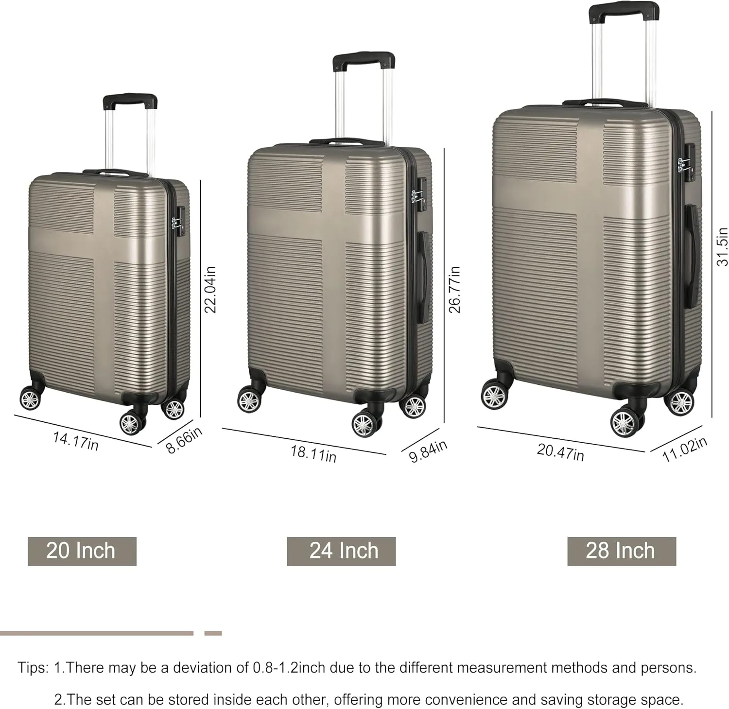3 Piece Luggage Set with TSA Lock ABS, Durable Hard Shell Luggage Set, Lightweight Suitcase with Hooks, Spinner Wheels Cross Stripe Luggage Sets 20in/24in/28in,Champagne