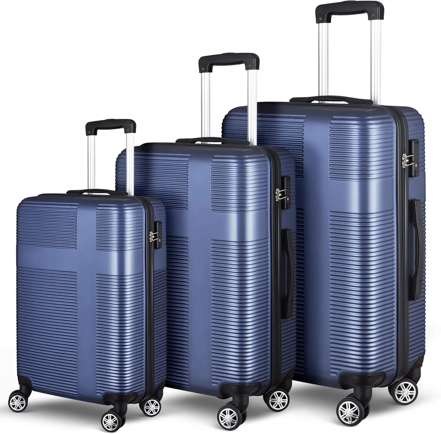 3 Piece Luggage Set with TSA Lock ABS, Durable Hard Shell Luggage Set, Lightweight Suitcase with Hooks, Spinner Wheels Cross Stripe Luggage Sets 20in/24in/28in,Dark Blue