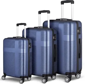 3 Piece Luggage Set with TSA Lock ABS, Durable Hard Shell Luggage Set, Lightweight Suitcase with Hooks, Spinner Wheels Cross Stripe Luggage Sets 20in/24in/28in,Dark Blue