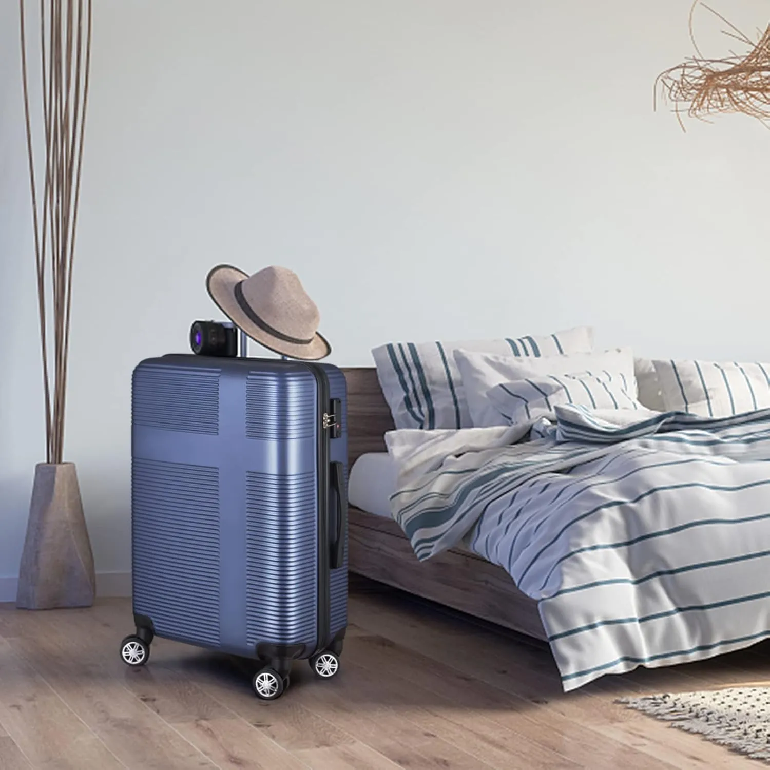 3 Piece Luggage Set with TSA Lock ABS, Durable Hard Shell Luggage Set, Lightweight Suitcase with Hooks, Spinner Wheels Cross Stripe Luggage Sets 20in/24in/28in,Dark Blue