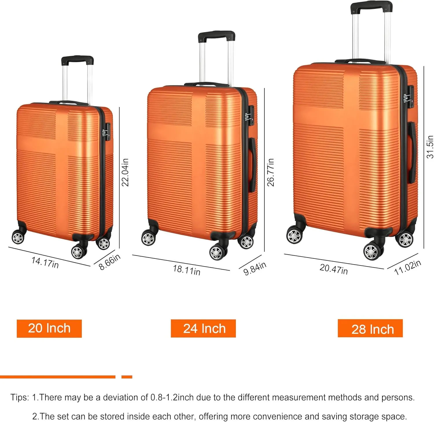 3 Piece Luggage Set with TSA Lock ABS, Durable Hard Shell Luggage Set, Lightweight Suitcase with Hooks, Spinner Wheels Cross Stripe Luggage Sets 20in/24in/28in,Orange