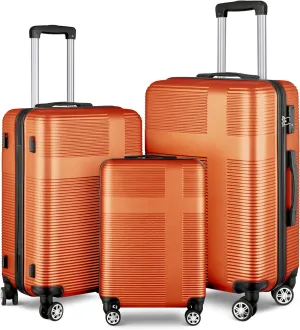 3 Piece Luggage Set with TSA Lock ABS, Durable Hard Shell Luggage Set, Lightweight Suitcase with Hooks, Spinner Wheels Cross Stripe Luggage Sets 20in/24in/28in,Orange