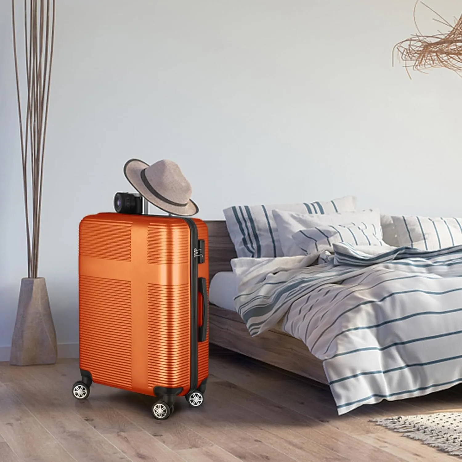 3 Piece Luggage Set with TSA Lock ABS, Durable Hard Shell Luggage Set, Lightweight Suitcase with Hooks, Spinner Wheels Cross Stripe Luggage Sets 20in/24in/28in,Orange