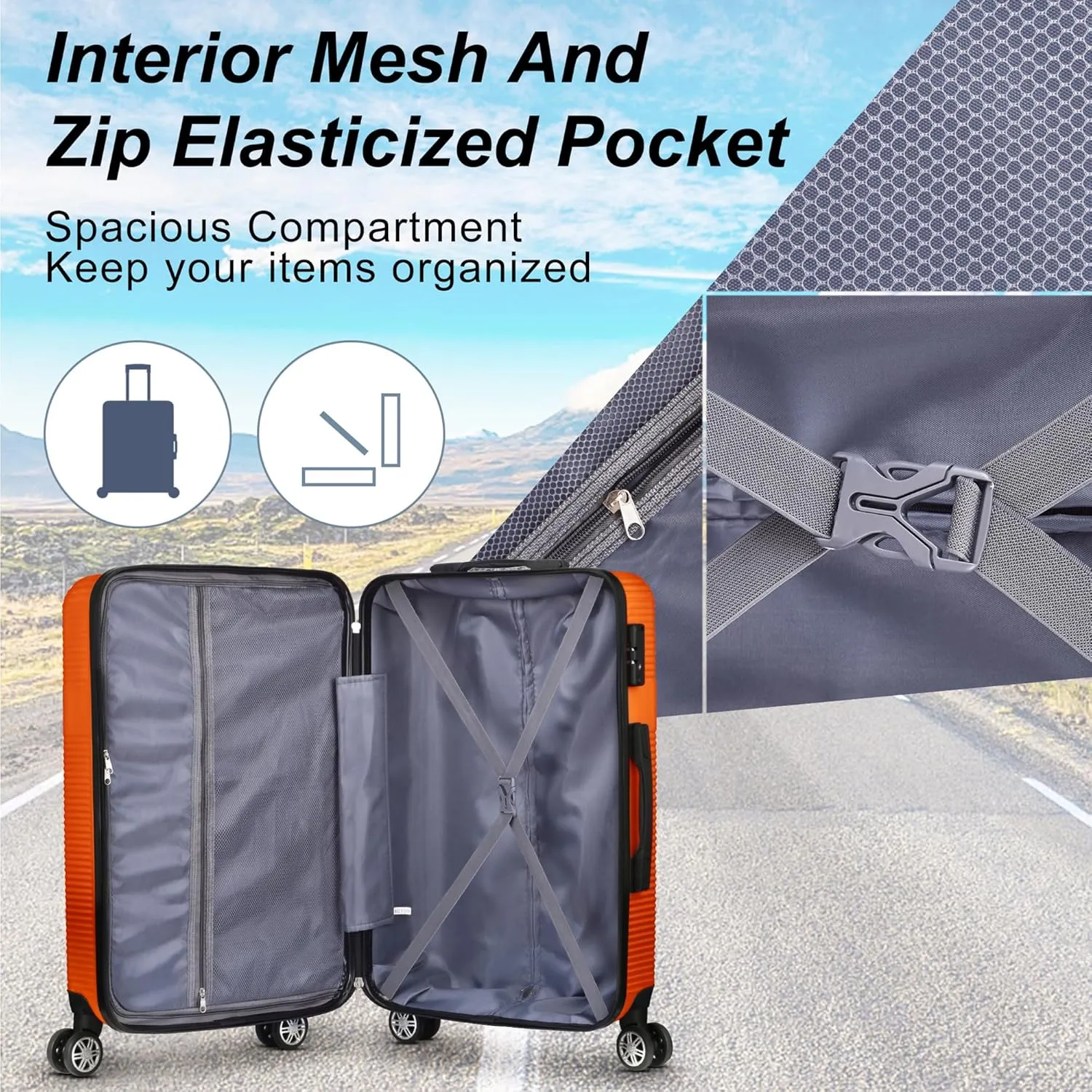 3 Piece Luggage Set with TSA Lock ABS, Durable Hard Shell Luggage Set, Lightweight Suitcase with Hooks, Spinner Wheels Cross Stripe Luggage Sets 20in/24in/28in,Orange