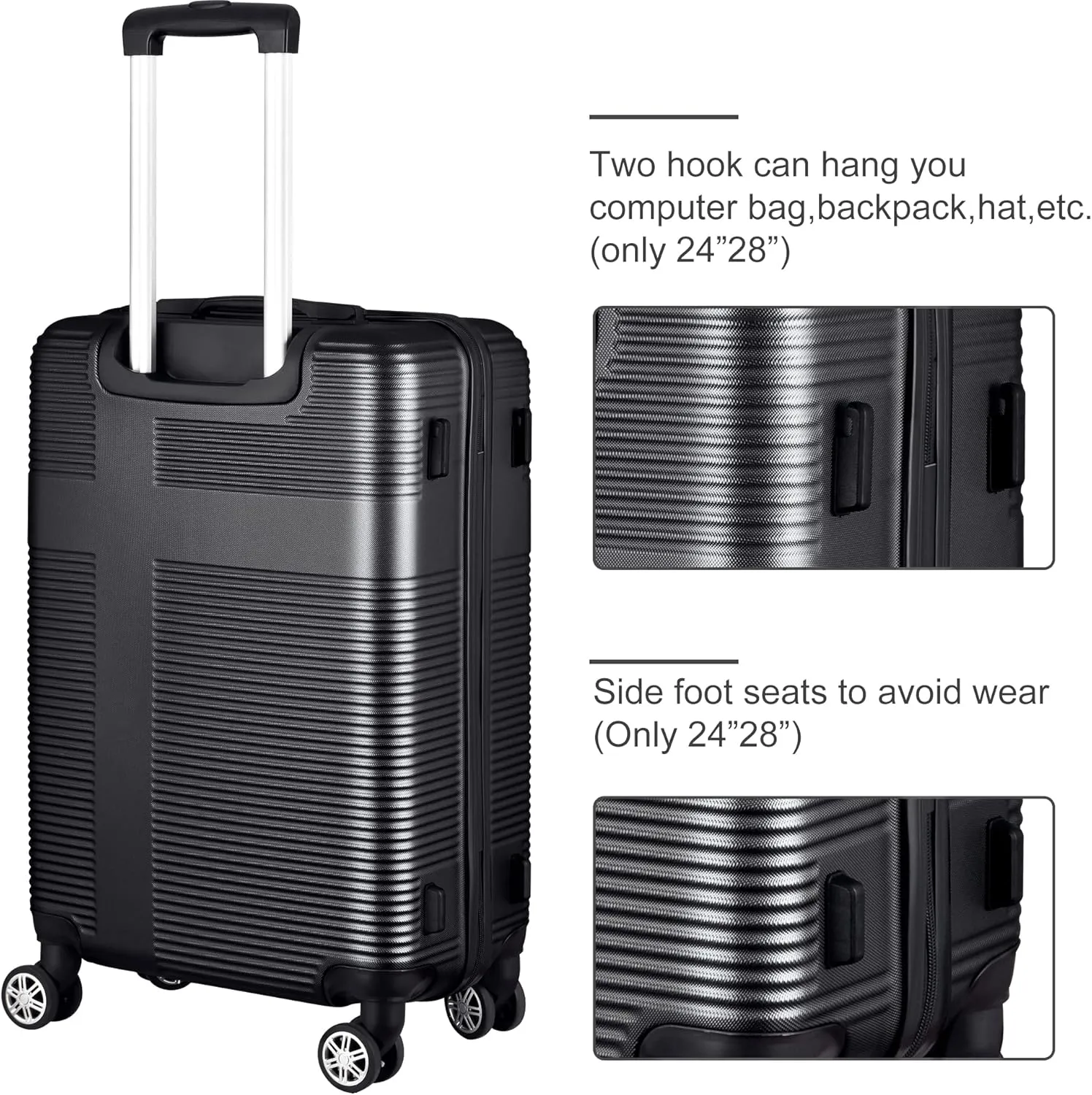 3 Piece Luggage Set with TSA Lock, Durable Lightweight Cross Stripe Suitcase Hardshell Luggage Set with Hooks and 360 Degree Spinner Wheels (20in/24in/28in) Black As Shown One Size