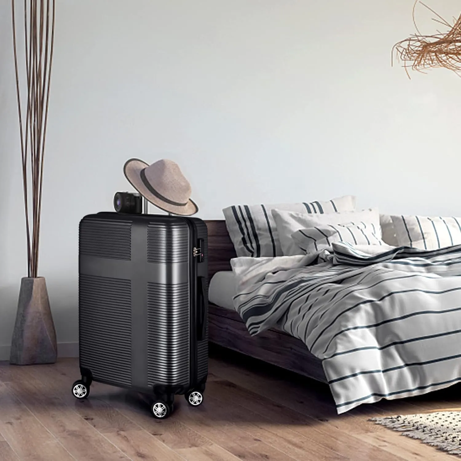 3 Piece Luggage Set with TSA Lock, Durable Lightweight Cross Stripe Suitcase Hardshell Luggage Set with Hooks and 360 Degree Spinner Wheels (20in/24in/28in) Black As Shown One Size