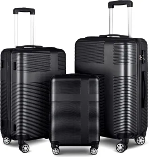 3 Piece Luggage Set with TSA Lock, Durable Lightweight Cross Stripe Suitcase Hardshell Luggage Set with Hooks and 360 Degree Spinner Wheels (20in/24in/28in) Black As Shown One Size