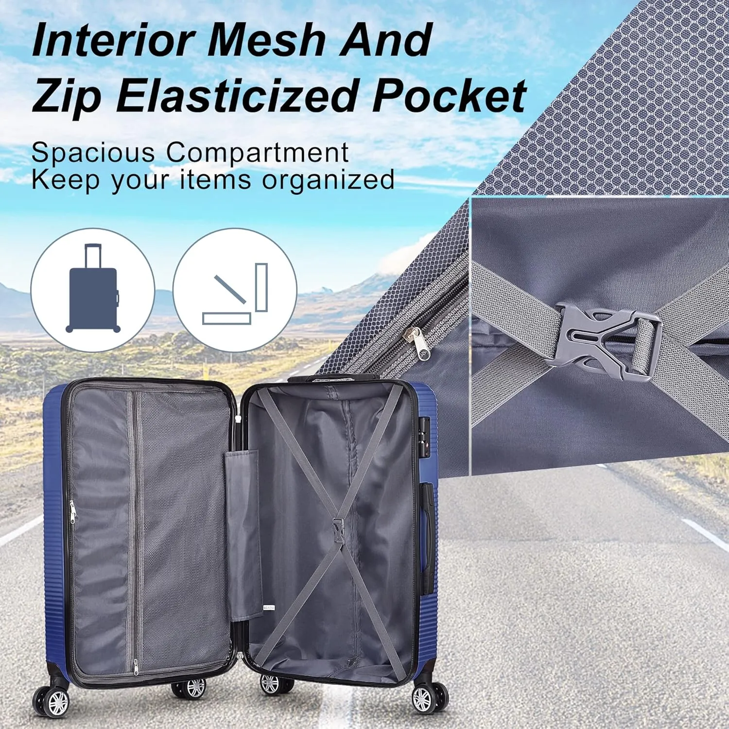 3 Piece Luggage Set with TSA Lock, Durable Lightweight Cross Stripe Suitcase Hardshell Luggage Set with Hooks and 360 Degree Spinner Wheels (20in/24in/28in) Light Blue As Shown One Size