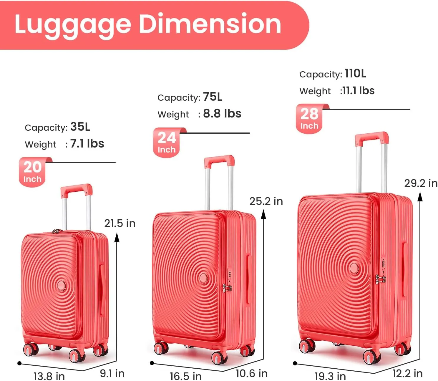3 Piece Luggage Sets with Front Pocket (20/24/28), Lightweight Hard Shell Suitcase Set,Expandable Carry On Luggage Set with Double Spinner Wheels,TSA Lock,Travel Rolling Suitcase for Women Men