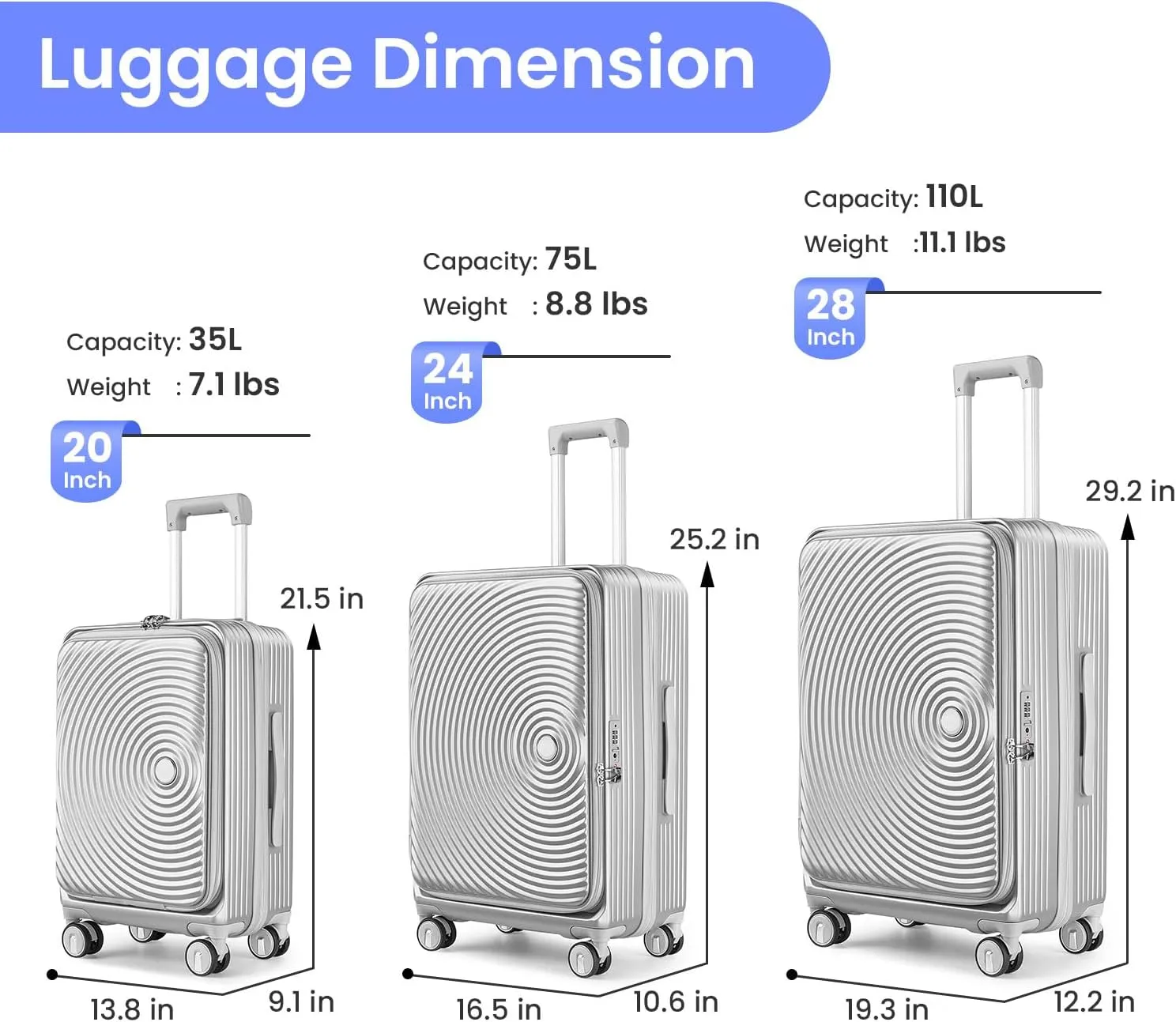 3 Piece Luggage Sets with Front Pocket (20/24/28), Lightweight Hard Shell Suitcase Set,Expandable Carry On Luggage Set with Double Spinner Wheels,TSA Lock,Travel Rolling Suitcase for Women Men