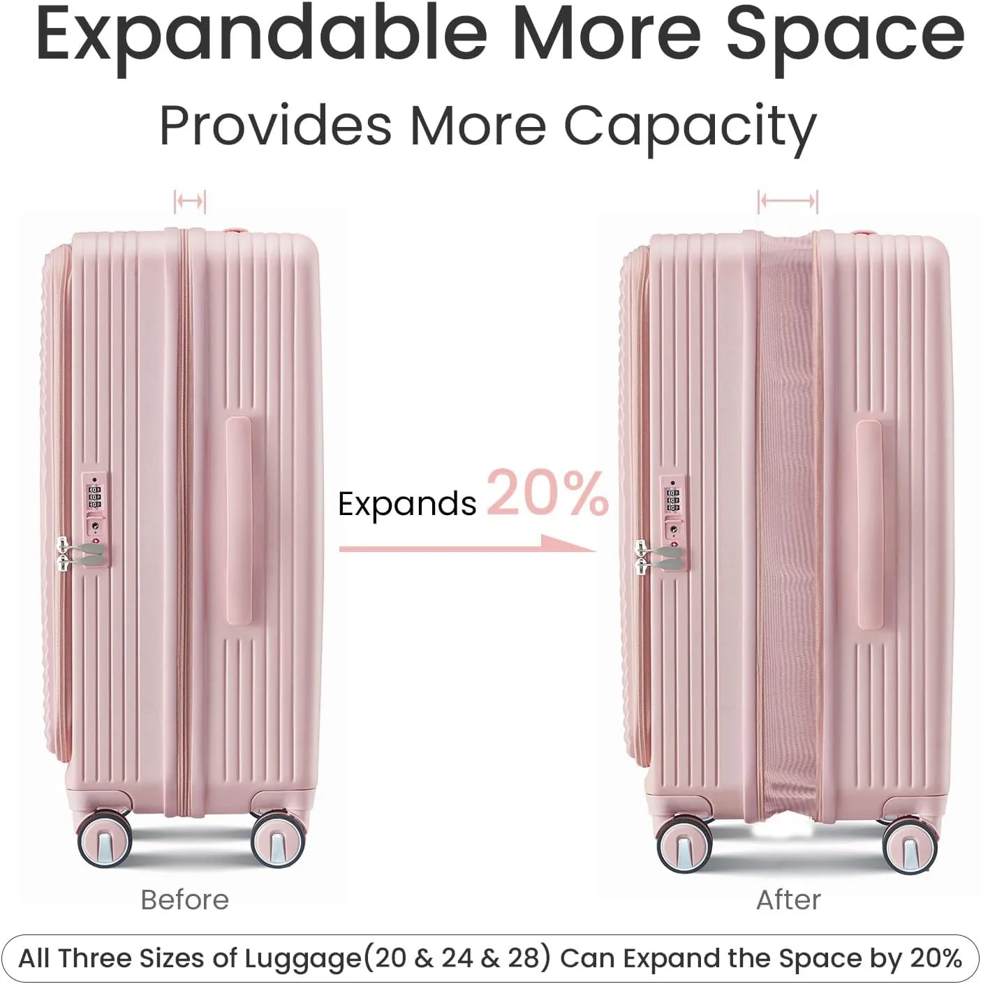 3 Piece Luggage Sets with Front Pocket (20/24/28), Lightweight Hard Shell Suitcase Set,Expandable Carry On Luggage Set with Double Spinner Wheels,TSA Lock,Travel Rolling Suitcase for Women Men