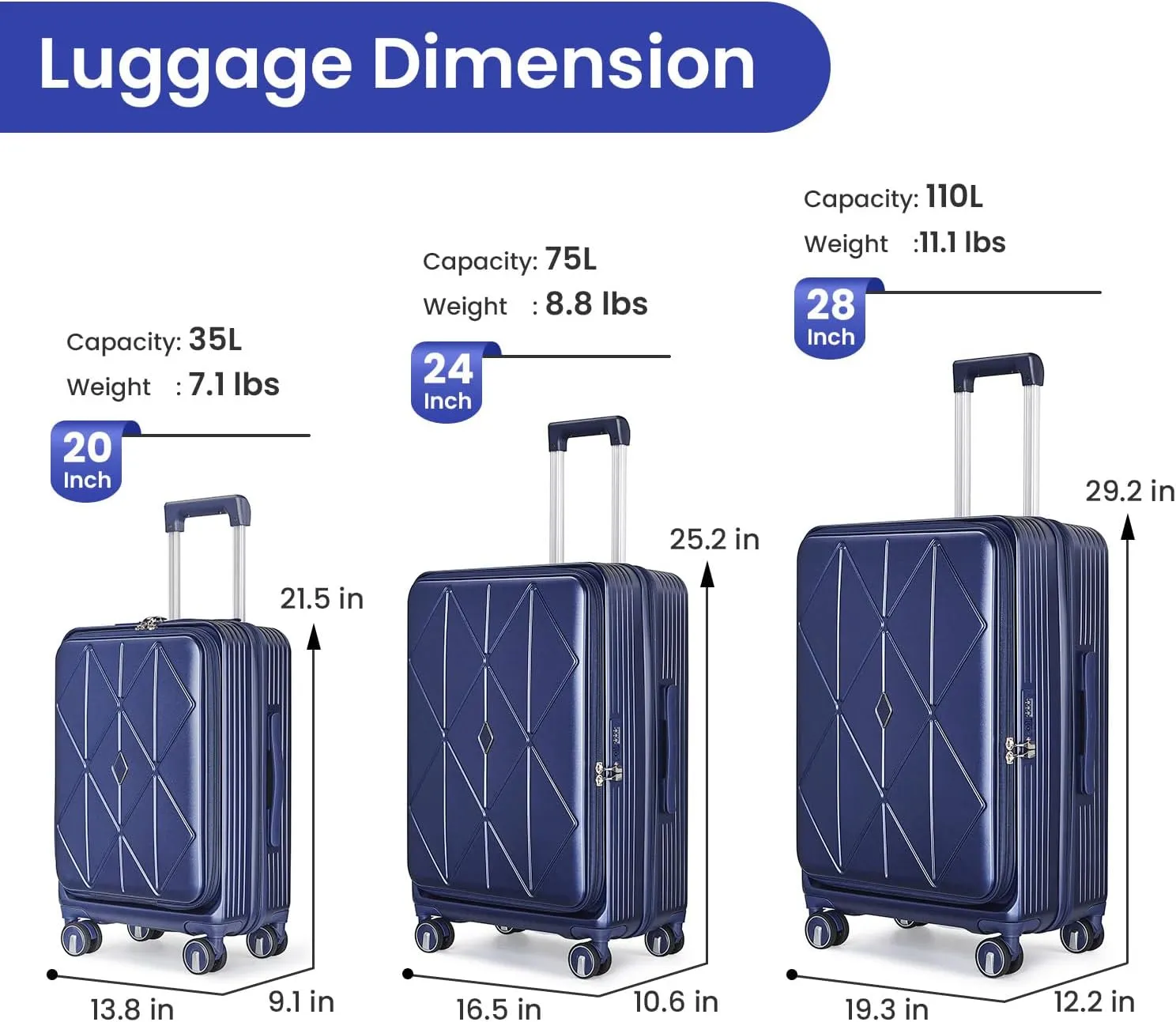 3 Piece Luggage Sets with Front Pocket (20/24/28), Lightweight Hard Shell Suitcase Set,Expandable Carry On Luggage Set with Double Spinner Wheels,TSA Lock,Travel Rolling Suitcase for Women Men