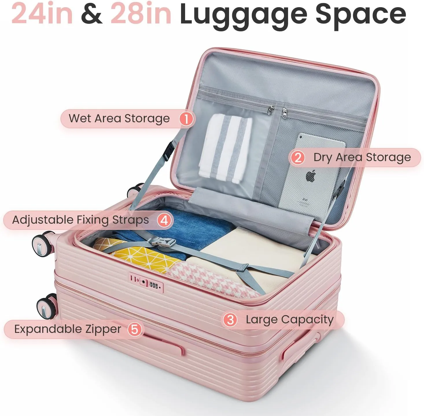 3 Piece Luggage Sets with Front Pocket (20/24/28), Lightweight Hard Shell Suitcase Set,Expandable Carry On Luggage Set with Double Spinner Wheels,TSA Lock,Travel Rolling Suitcase for Women Men