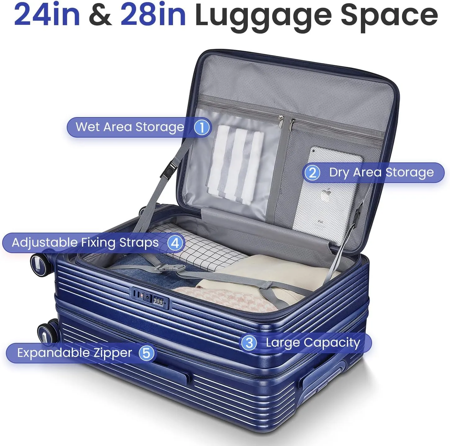 3 Piece Luggage Sets with Front Pocket (20/24/28), Lightweight Hard Shell Suitcase Set,Expandable Carry On Luggage Set with Double Spinner Wheels,TSA Lock,Travel Rolling Suitcase for Women Men