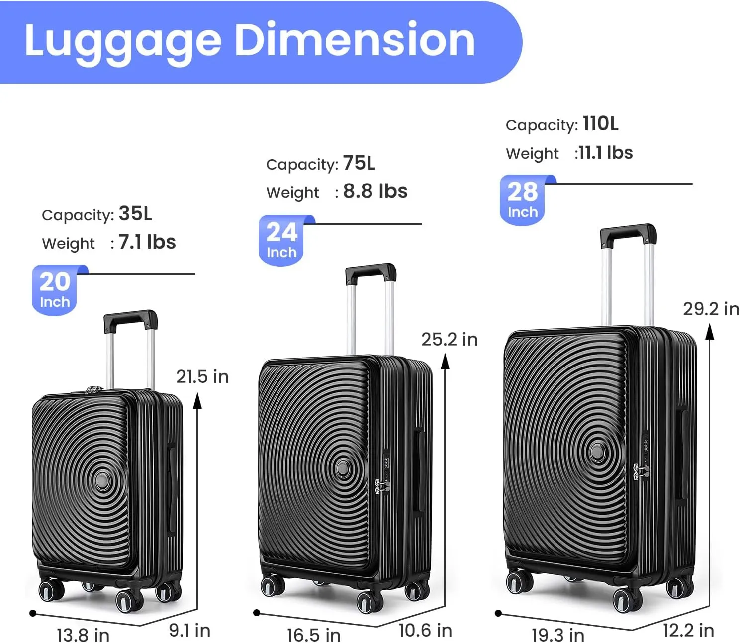 3 Piece Luggage Sets with Front Pocket (20/24/28), Lightweight Hard Shell Suitcase Set,Expandable Carry On Luggage Set with Double Spinner Wheels,TSA Lock,Travel Rolling Suitcase for Women Men