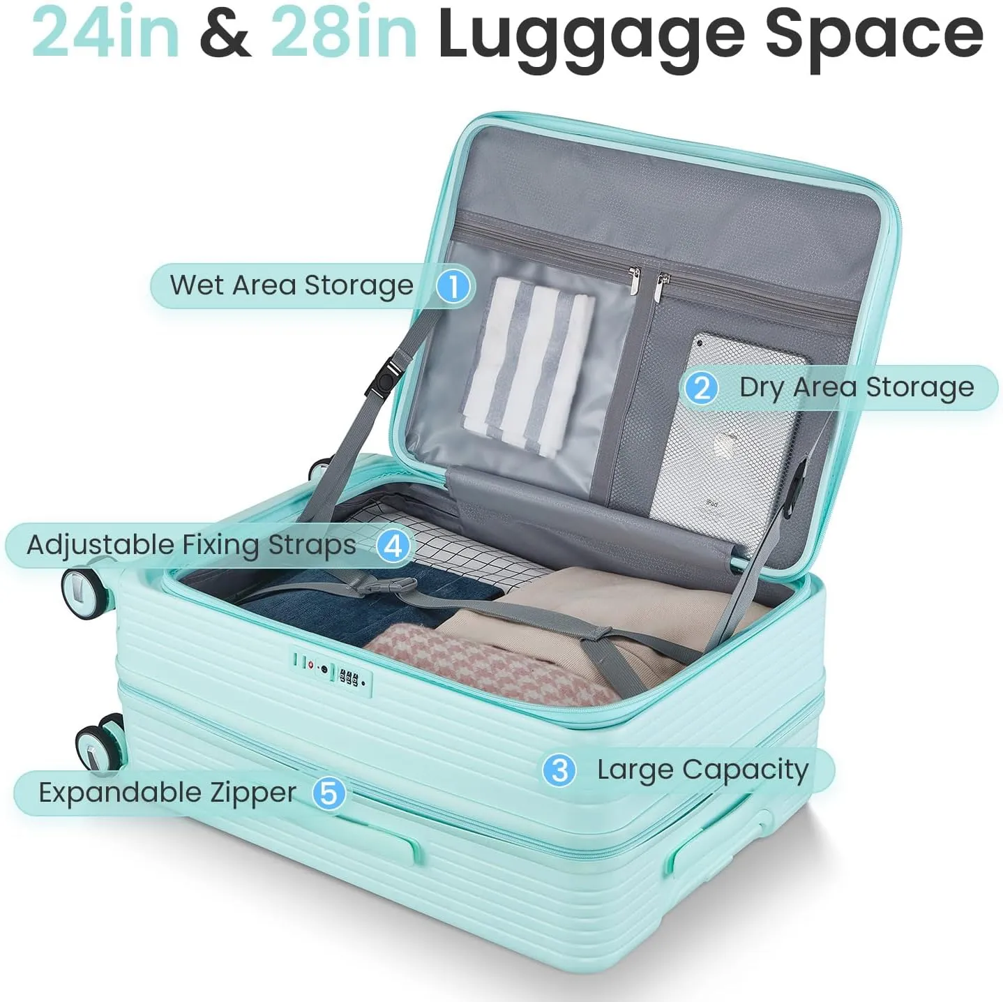 3 Piece Luggage Sets with Front Pocket (20/24/28), Lightweight Hard Shell Suitcase Set,Expandable Carry On Luggage Set with Double Spinner Wheels,TSA Lock,Travel Rolling Suitcase for Women Men