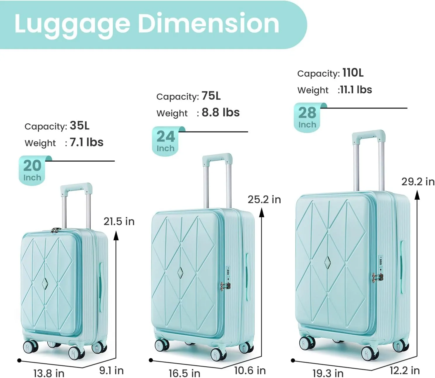 3 Piece Luggage Sets with Front Pocket (20/24/28), Lightweight Hard Shell Suitcase Set,Expandable Carry On Luggage Set with Double Spinner Wheels,TSA Lock,Travel Rolling Suitcase for Women Men