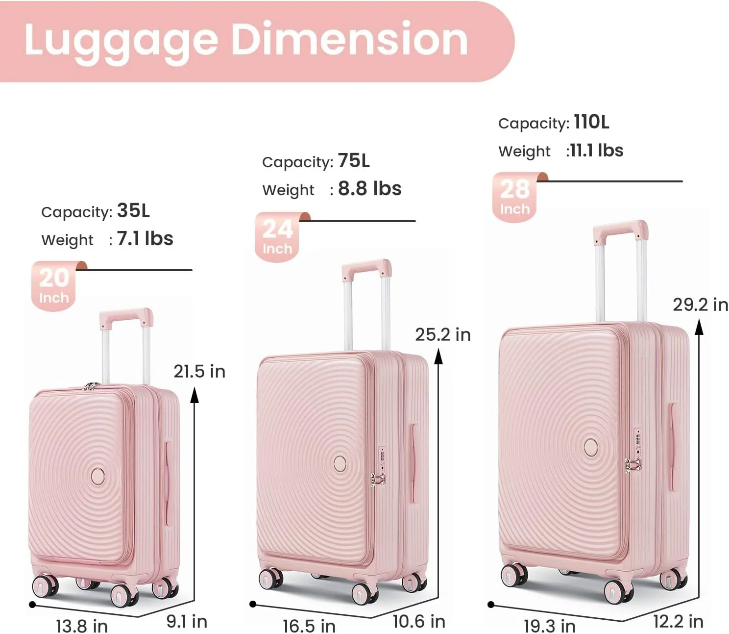3 Piece Luggage Sets with Front Pocket (20/24/28), Lightweight Hard Shell Suitcase Set,Expandable Carry On Luggage Set with Double Spinner Wheels,TSA Lock,Travel Rolling Suitcase for Women Men