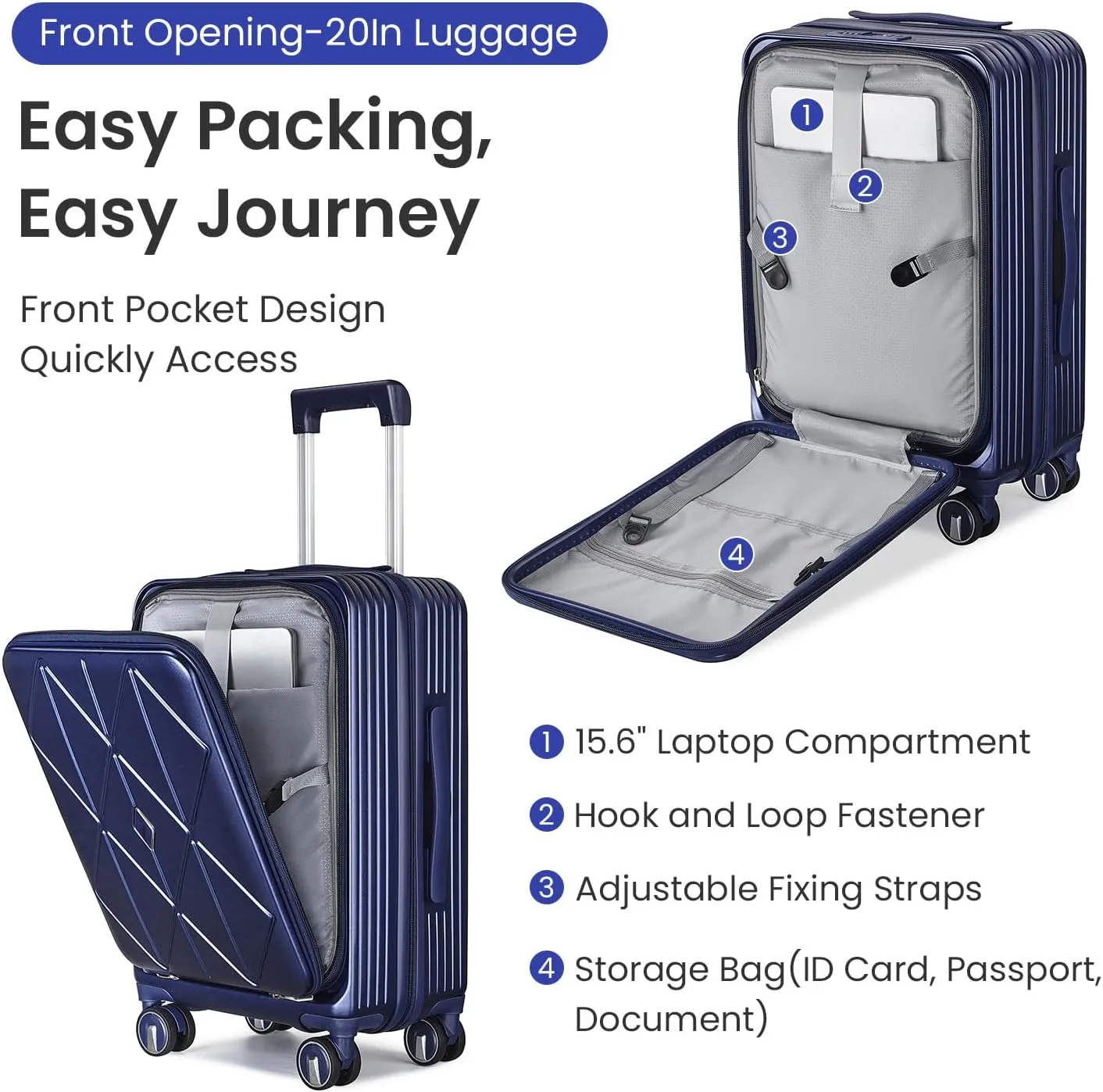 3 Piece Luggage Sets with Front Pocket (20/24/28), Lightweight Hard Shell Suitcase Set,Expandable Carry On Luggage Set with Double Spinner Wheels,TSA Lock,Travel Rolling Suitcase for Women Men