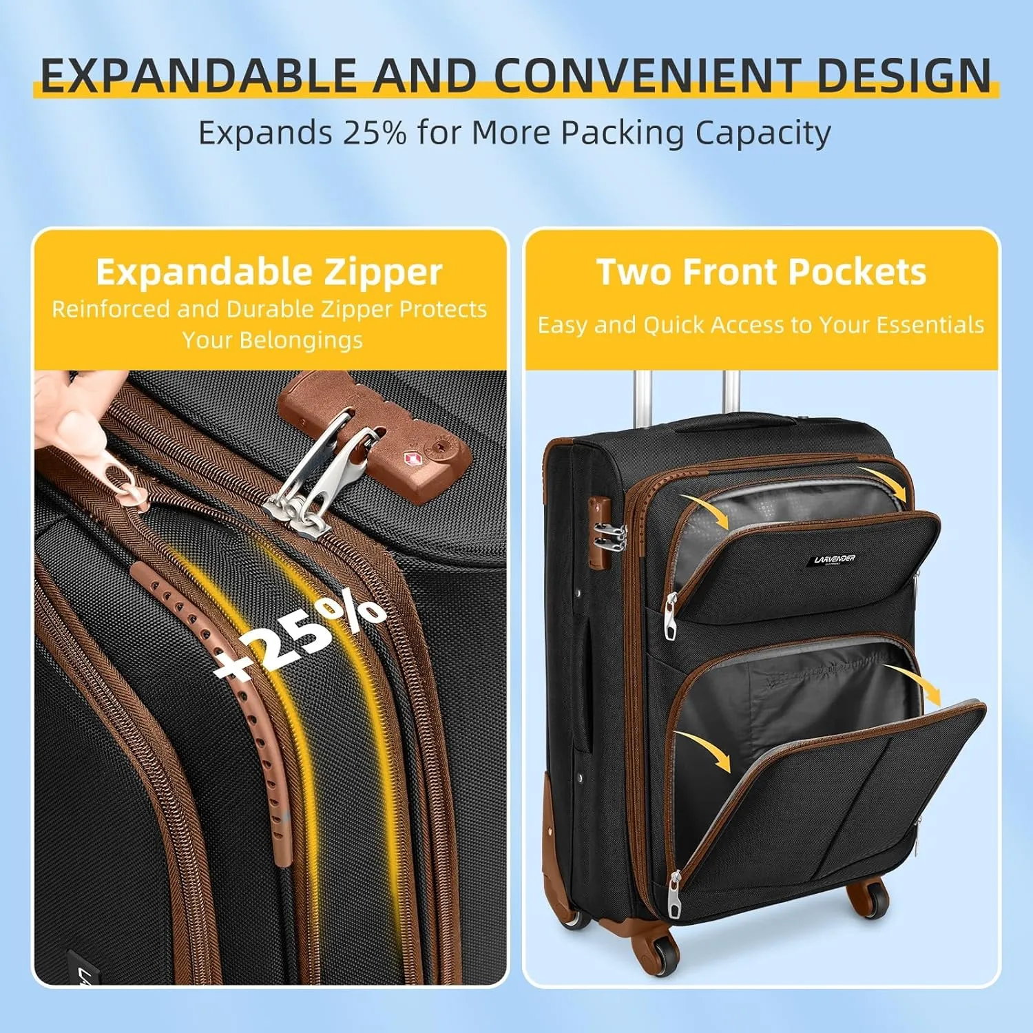 5 Piece Softside Expandable Luggage Set with Spinner Wheels and TSA Lock(Black Brown)