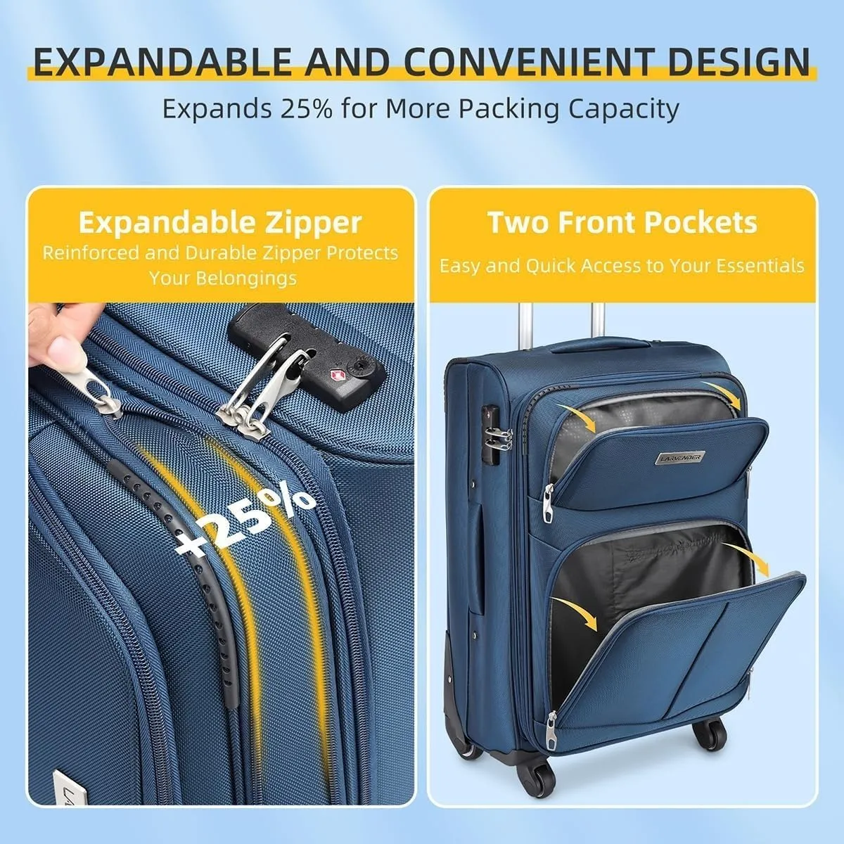 5 Piece Softside Expandable Luggage Set with Spinner Wheels and TSA Lock(Blue)