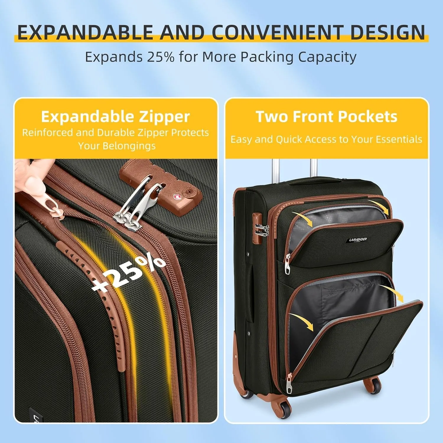 5 Piece Softside Expandable Luggage Set with Spinner Wheels and TSA Lock(Brown Green)