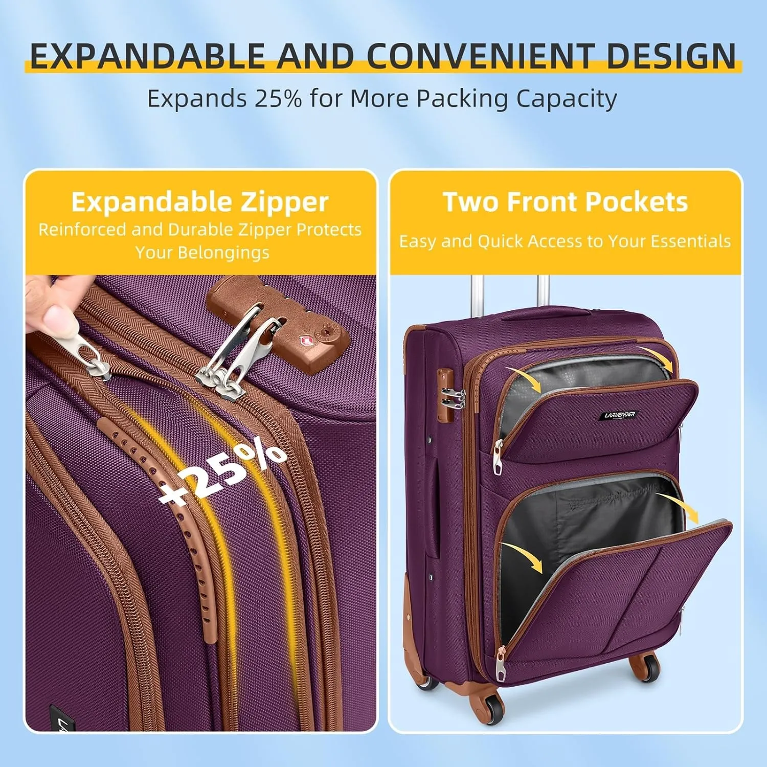 5 Piece Softside Expandable Luggage Set with Spinner Wheels and TSA Lock(Purple )