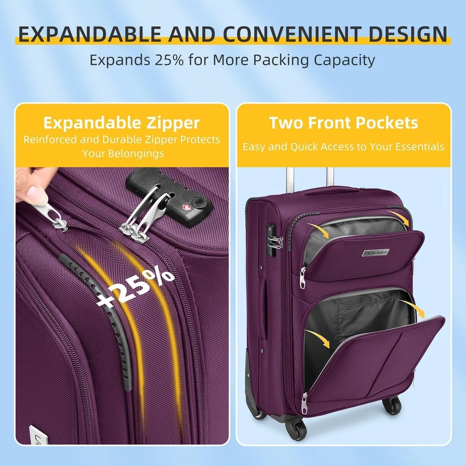 5 Piece Softside Expandable Luggage Set with Spinner Wheels and TSA Lock(Purple)