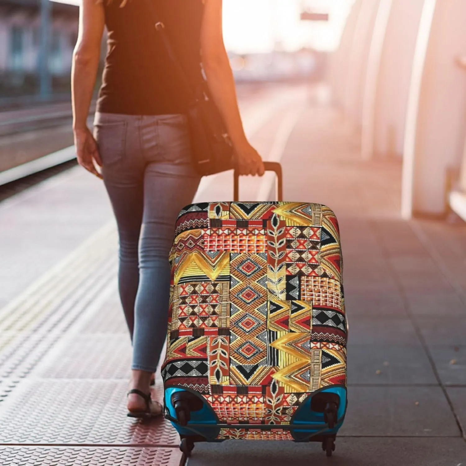 African Textile Patchwork Print Luggage Cover Washable Suitcase Anti-Scratch Suitcase Cover Protective Cover Fits 18-32 Inch