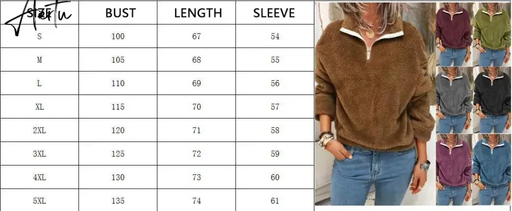 Aiertu Women Fleece Sweatshirt Pullovers Elegant Turn-Collar Zipped Hoodies Tops Casual Solid Long Sleeves Oversized Winter